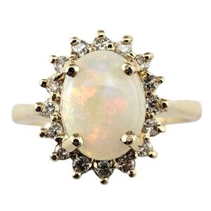 14 Karat Yellow Gold Opal and Diamond Halo Ring Size 5.25 #21456